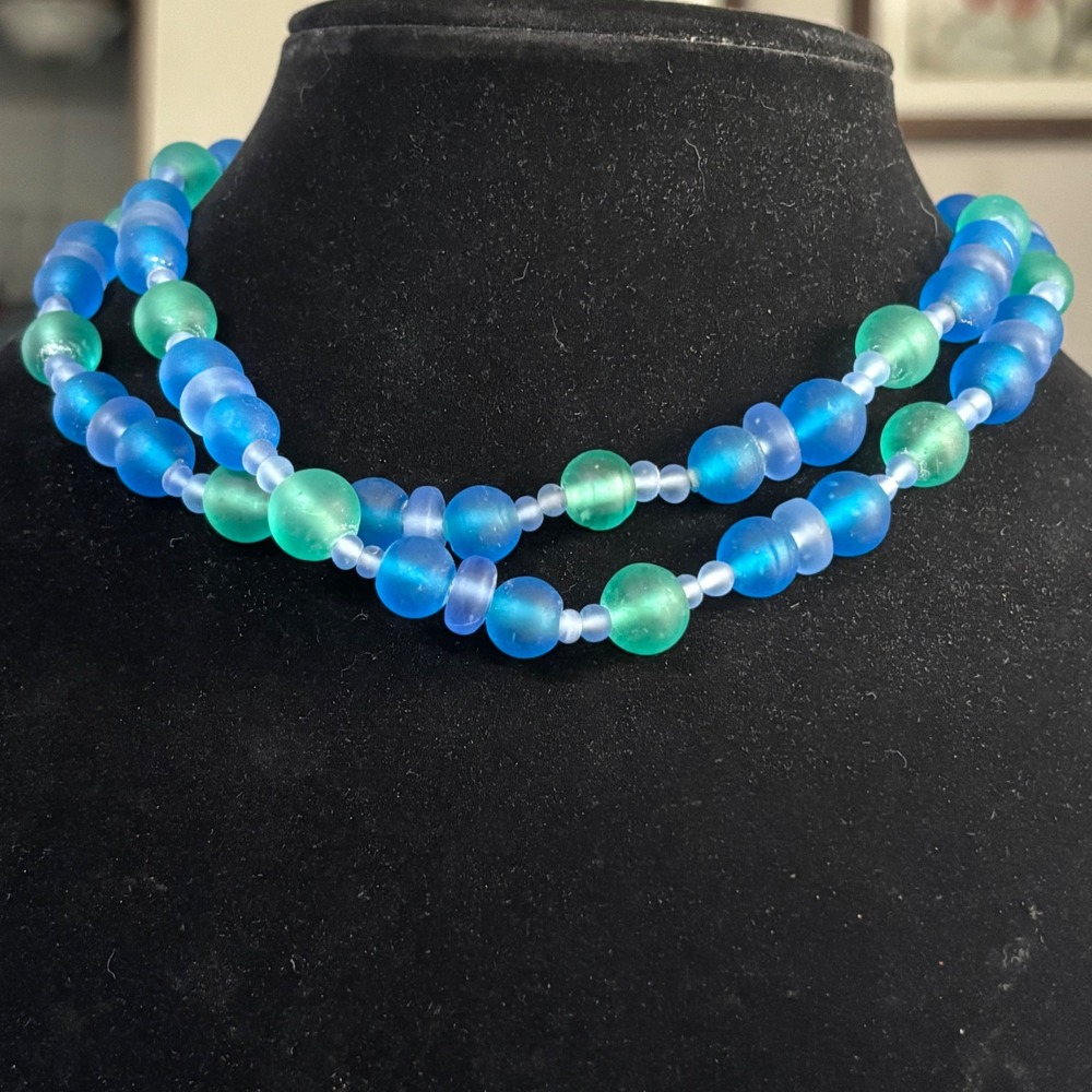 Vintage Blue Teal Frosted Glass Double Strand Carolee Necklace